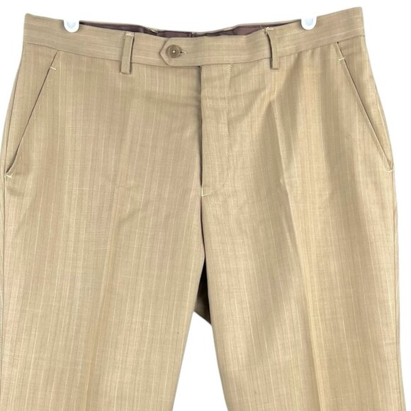 TZARELLI ITALY Mens Tan Wool Striped Dress Pants 34x27.5 Flat Front Straight Leg - Picture 3 of 11